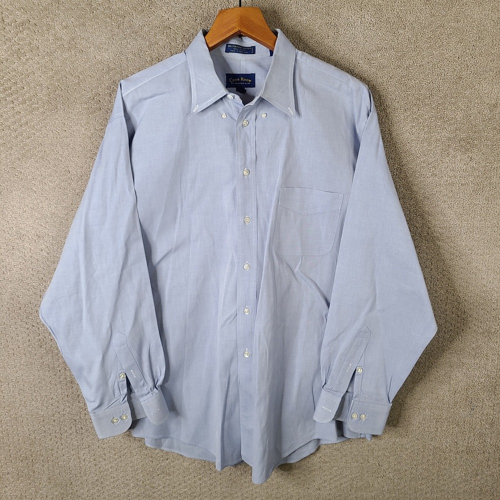 Club Room Shirt Mens 18 34/35 Blue Button Down 80s Pinpoint Oxford Cotton Casual